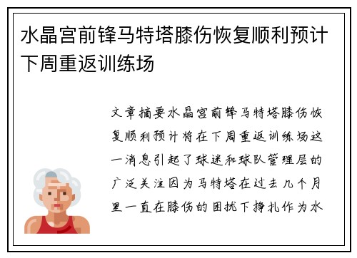 水晶宫前锋马特塔膝伤恢复顺利预计下周重返训练场