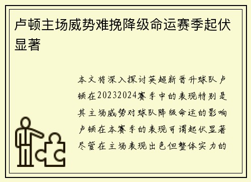 卢顿主场威势难挽降级命运赛季起伏显著